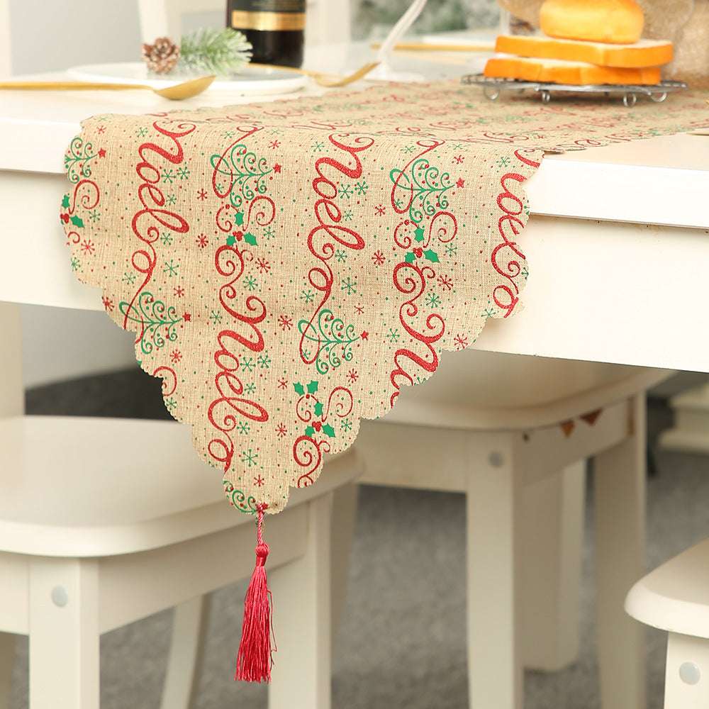 Christmas decorative linen print snowflake with tassel table mat - Minihomy