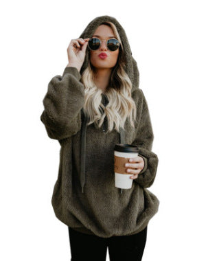 Plus Size Fall Winter Long Sleeve Plush Hooded Shirt Warm Sweatshirt - Minihomy