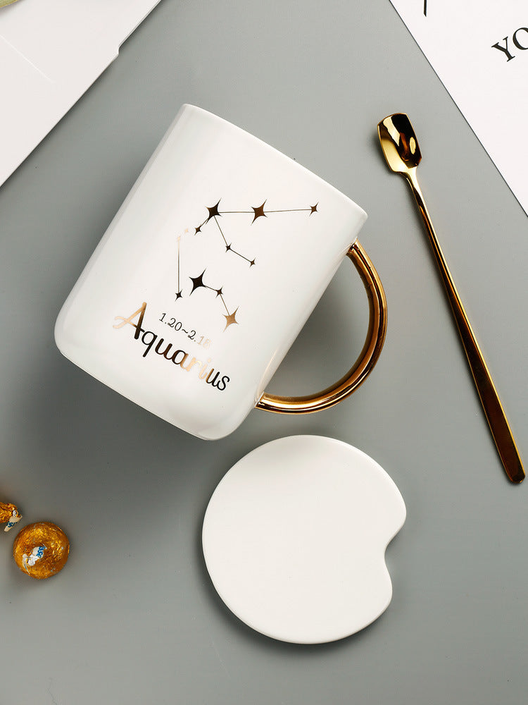 12 constellation roasted flower ceramic mug gift spoon - Minihomy