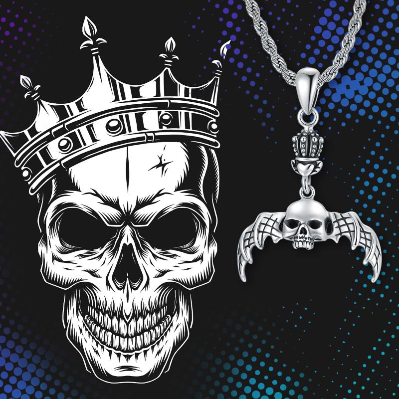 Gothic Skeleton Pendants Necklace with Bat Crown for Men Sterling Silver Matte Gift for Teens - Minihomy