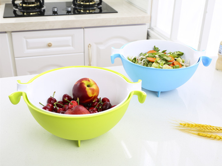 Multifunctional rotary drain basket plastic round double fruit basket washing basket - Minihomy