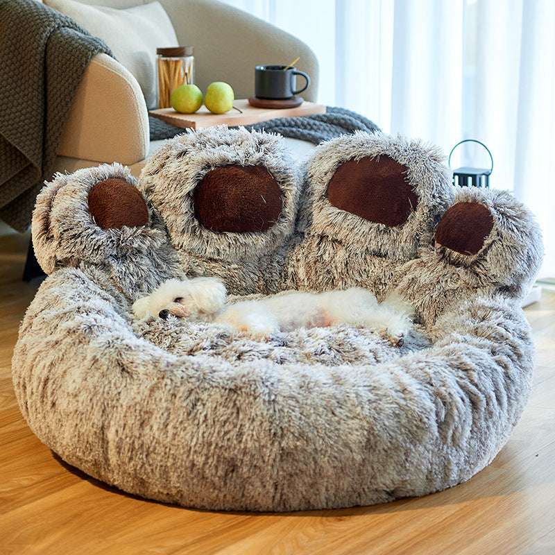 Cozy Bear Paw Pet Bed - Long Plush Round Cat and Dog Mat for Deep, Warm Sleep - Minihomy