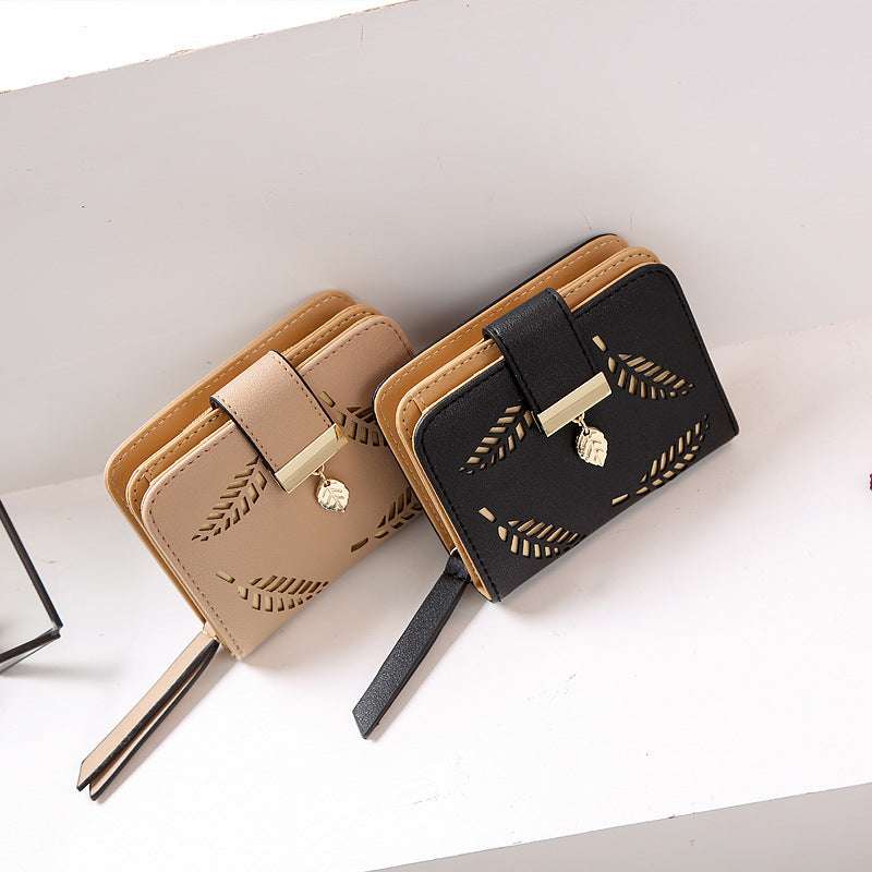 Korean Women's Wallet Short Hollow Clutch Bag Leaf Zipper Buckle Bills Card Pack - Minihomy