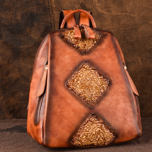 First Layer Cowhide Hand Rubbed Color Embossed Shoulder Ladies Backpack - Minihomy