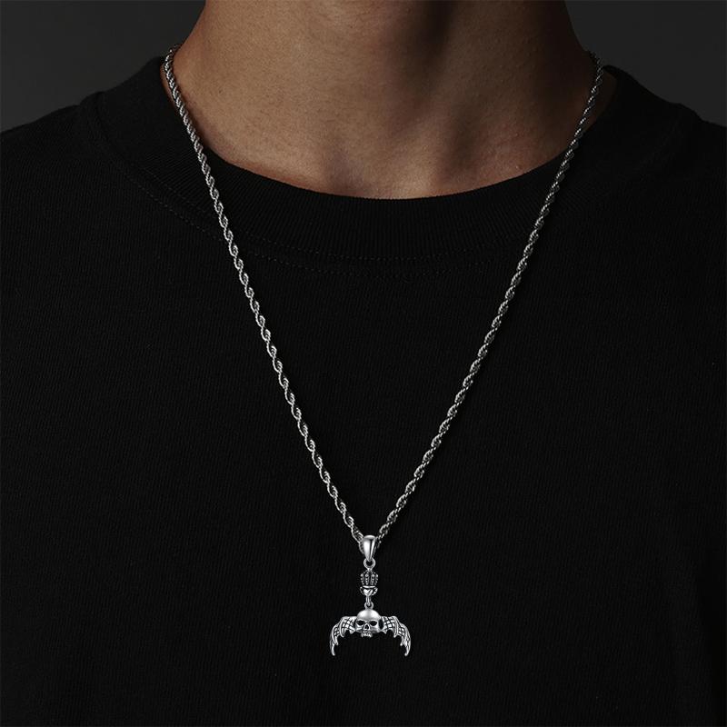 Gothic Skeleton Pendants Necklace with Bat Crown for Men Sterling Silver Matte Gift for Teens - Minihomy