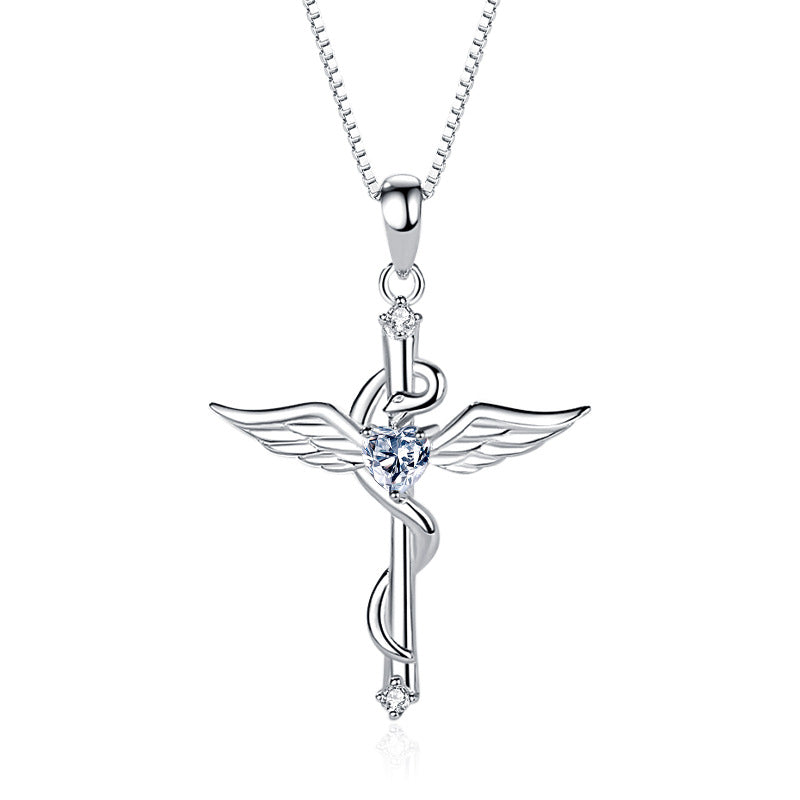 Angel Wings Cross Pendant In Sterling Silver