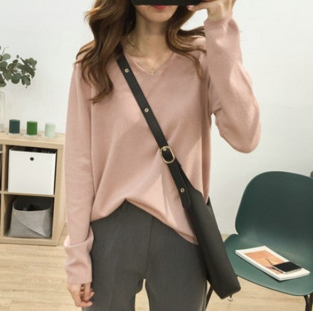 Loose Slimming V-neck Solid Color Long-sleeved Sweater - Minihomy