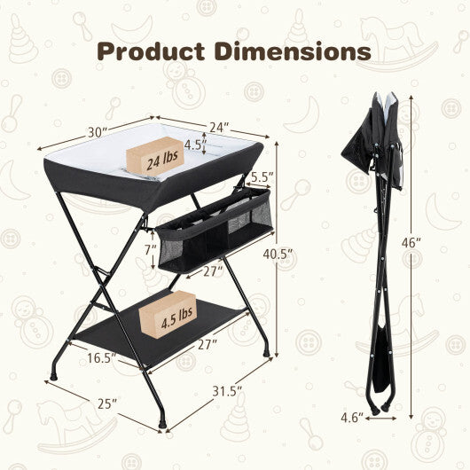 Baby Storage Folding Diaper Changing Table-Black - Color: Black - Minihomy