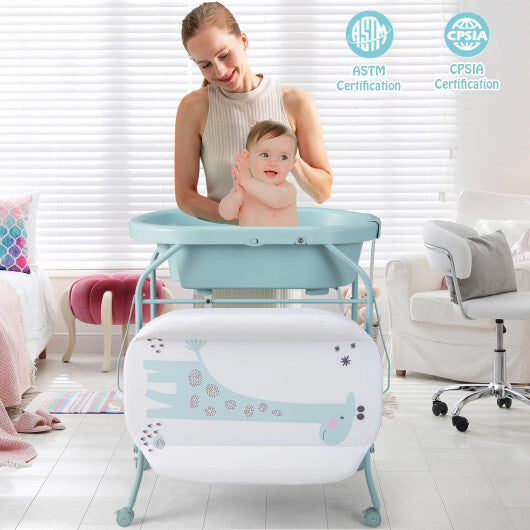 Folding Baby Changing Table with Bathtub and 4 Universal Wheels-Blue - Color: Blue - Minihomy