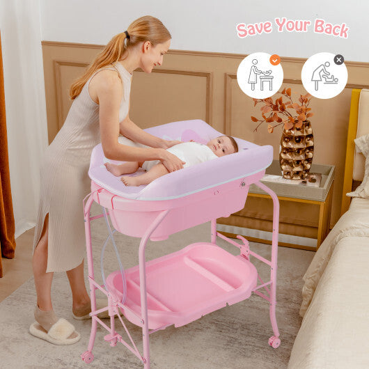 Folding Baby Changing Table with Bathtub and 4 Universal Wheels-Pink - Color: Pink - Minihomy