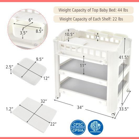 Mobile Diaper Changing Station with Storage Shelves and Boxes-Beige - Color: Beige - Minihomy