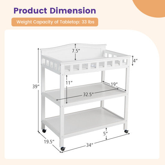 Mobile Changing Table with Waterproof Pad and 2 Open Shelves-White - Color: White - Minihomy