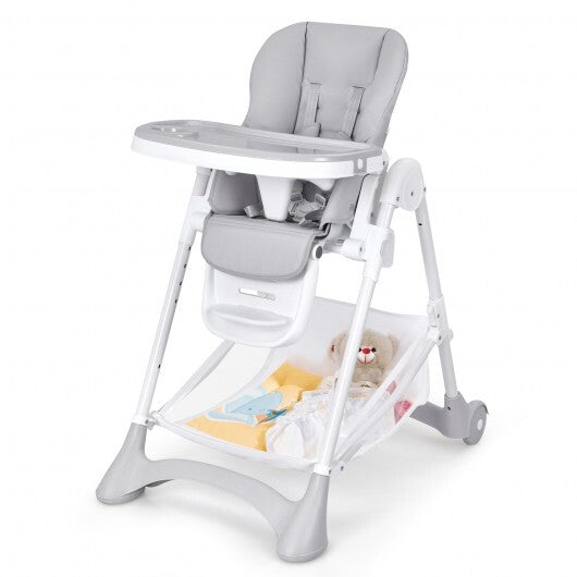 Baby Convertible Folding Adjustable High Chair with Wheel Tray Storage Basket-Gray - Color: Gray - Minihomy