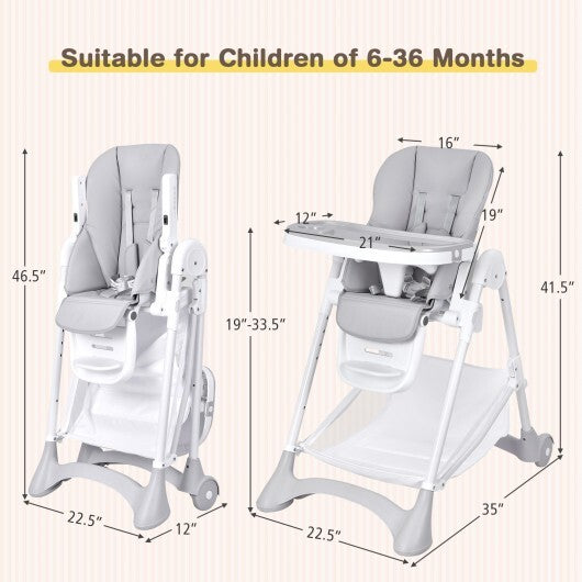 Baby Convertible Folding Adjustable High Chair with Wheel Tray Storage Basket-Gray - Color: Gray - Minihomy