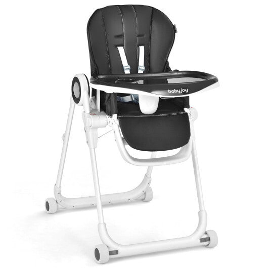 Baby High Chair Foldable Feeding Chair with 4 Lockable Wheels-Black - Color: Black - Minihomy