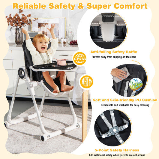 Baby High Chair Foldable Feeding Chair with 4 Lockable Wheels-Black - Color: Black - Minihomy