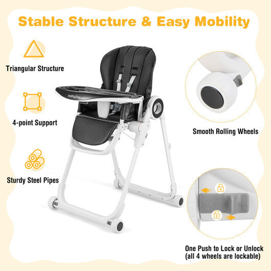 Baby High Chair Foldable Feeding Chair with 4 Lockable Wheels-Black - Color: Black - Minihomy