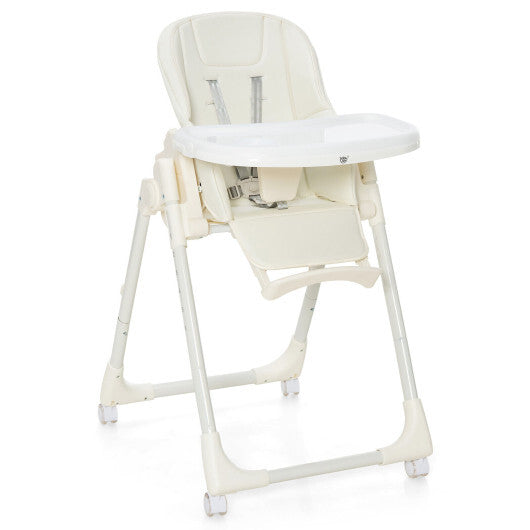 Folding High Chair with Height Adjustment and 360? Rotating Wheels - Color: Beige - Minihomy