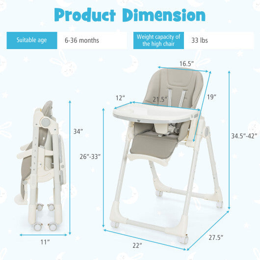 Folding High Chair with Height Adjustment and 360? Rotating Wheels-Gray - Color: Gray - Minihomy