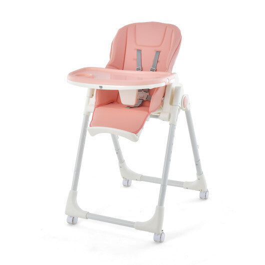 Folding High Chair with Height Adjustment and 360? Rotating Wheels-Pink - Color: Pink - Minihomy