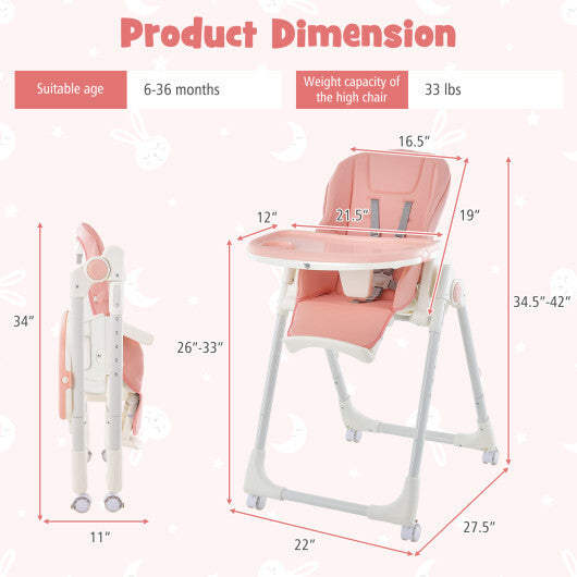 Folding High Chair with Height Adjustment and 360? Rotating Wheels-Pink - Color: Pink - Minihomy