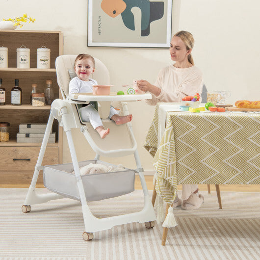 Convertible High Chair with Reclining Backrest for Babies and Toddlers-Beige - Color: Beige - Minihomy