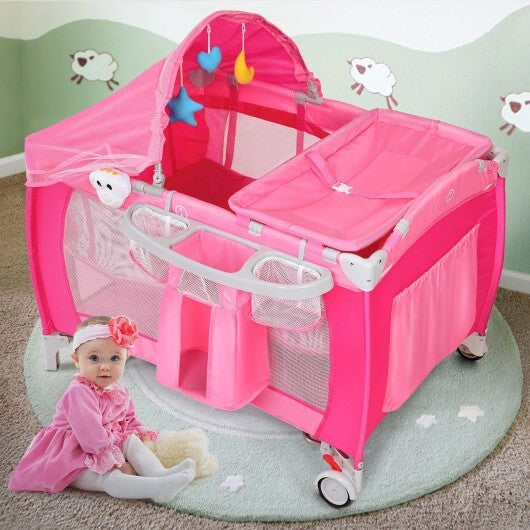 Foldable Baby Crib Playpen with Mosquito Net and Bag-Pink - Color: Pink - Minihomy