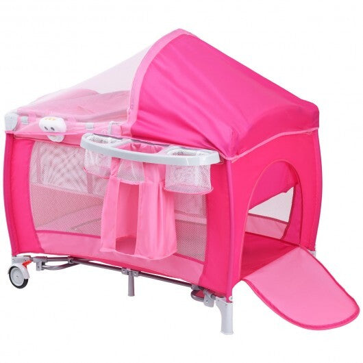 Foldable Baby Crib Playpen with Mosquito Net and Bag-Pink - Color: Pink - Minihomy