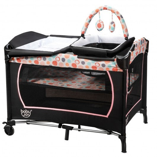 4-in-1 Convertible Portable Baby Playard with Changing Station-Pink - Color: Pink - Minihomy