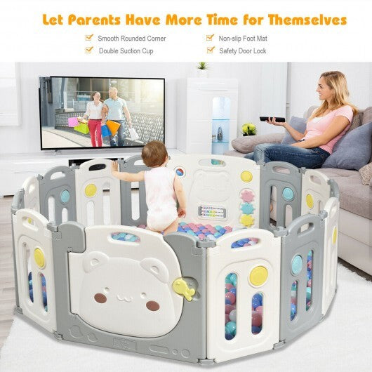 14-Panel Foldable Baby Playpen Safety Yard with Storage Bag - Color: Gray & White - Minihomy