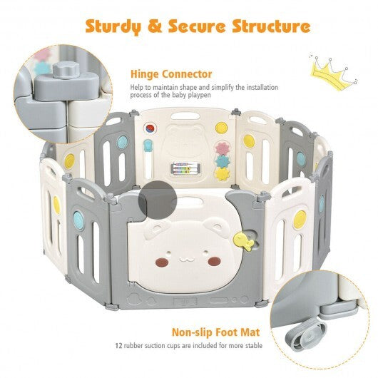 12 Panel Baby Playpen Kids Activity Play Yard - Color: Gray & White - Minihomy