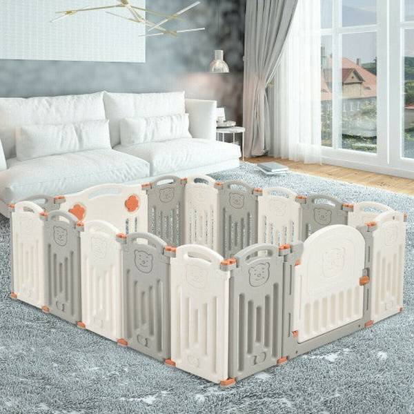 16 Panel Activity Safety Baby Playpen w/ Lock Door-Beige - Color: Beige - Minihomy