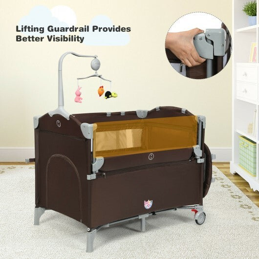 5-in-1  Portable Baby Beside Sleeper Bassinet Crib Playard with Diaper Changer-Brown - Color: Brown - Minihomy