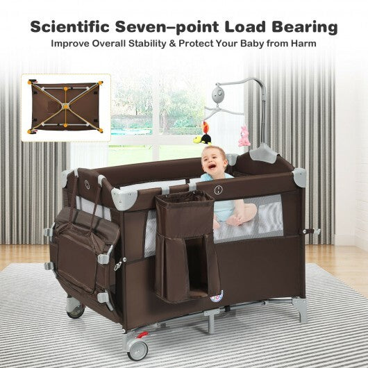 5-in-1  Portable Baby Beside Sleeper Bassinet Crib Playard with Diaper Changer-Brown - Color: Brown - Minihomy