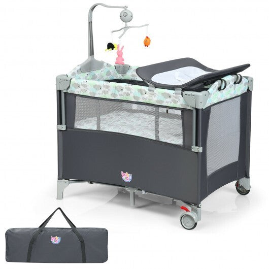 5-in-1  Portable Baby Beside Sleeper Bassinet Crib Playard with Diaper Changer-Gray - Color: Gray - Minihomy