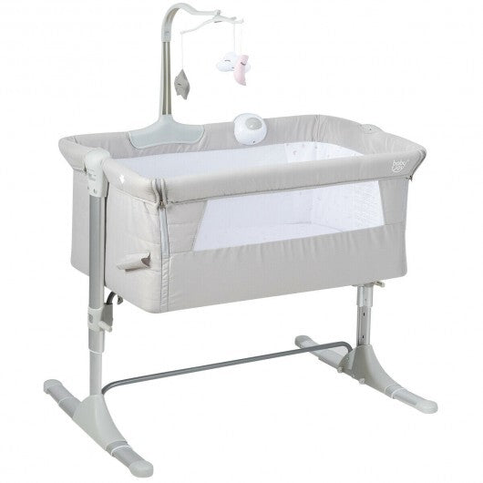 Height Adjustable Baby Side Crib  with Music Box & Toys-Light Gray - Minihomy