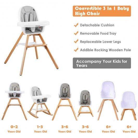 3-in-1 Convertible Wooden Baby High Chair-Gray - Color: Gray - Minihomy