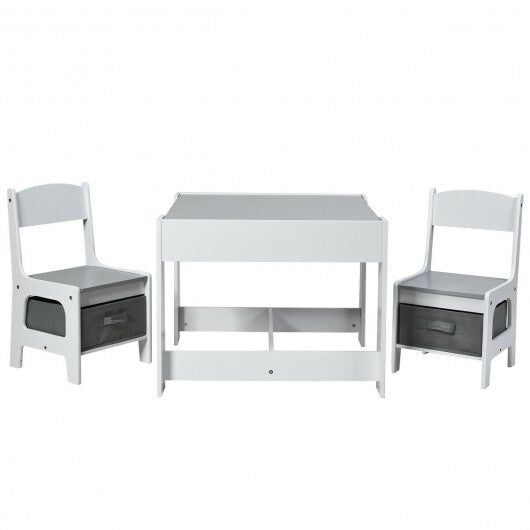 Kids Table Chairs Set With Storage Boxes Blackboard Whiteboard Drawing-White - Color: White - Minihomy