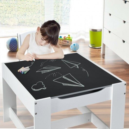 Kids Table Chairs Set With Storage Boxes Blackboard Whiteboard Drawing-White - Color: White - Minihomy