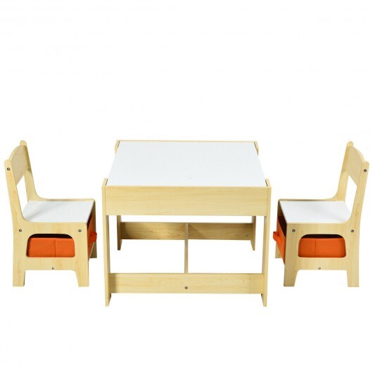 Kids Table Chairs Set With Storage Boxes Blackboard Whiteboard Drawing-Natural - Color: Natural - Minihomy