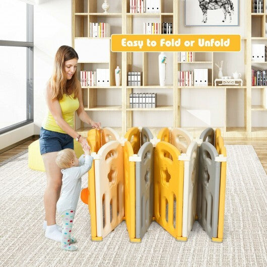 12-Panel Foldable Baby Playpen with Sound - Color: Yellow - Size: 12-Panel - Minihomy