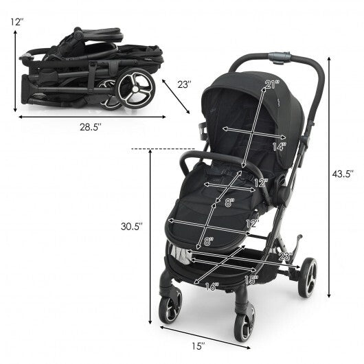 High Landscape Foldable Baby Stroller with Reversible Reclining Seat-Black - Color: Black - Minihomy