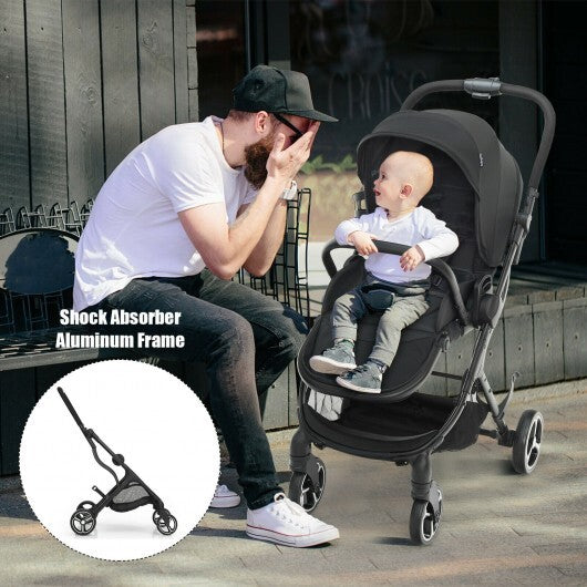 High Landscape Foldable Baby Stroller with Reversible Reclining Seat-Black - Color: Black - Minihomy