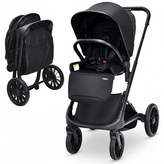 2-in-1 Convertible Baby Stroller with Oversized Storage Basket - Color: Black - Minihomy