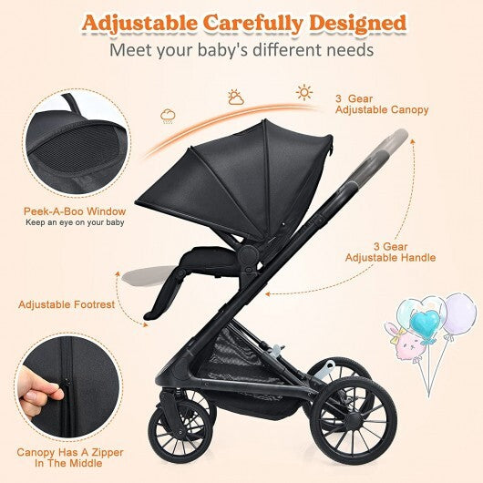 2-in-1 Convertible Baby Stroller with Oversized Storage Basket - Color: Black - Minihomy