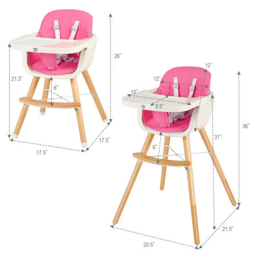 3-in-1 Convertible Wooden High Chair with Cushion-Pink - Color: Pink - Minihomy