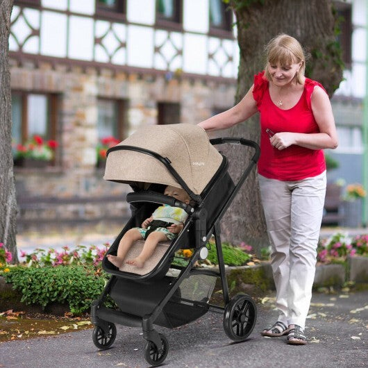 2-in-1 Foldable Pushchair Newborn Infant Baby Stroller-Coffee - Color: Light Brown - Minihomy