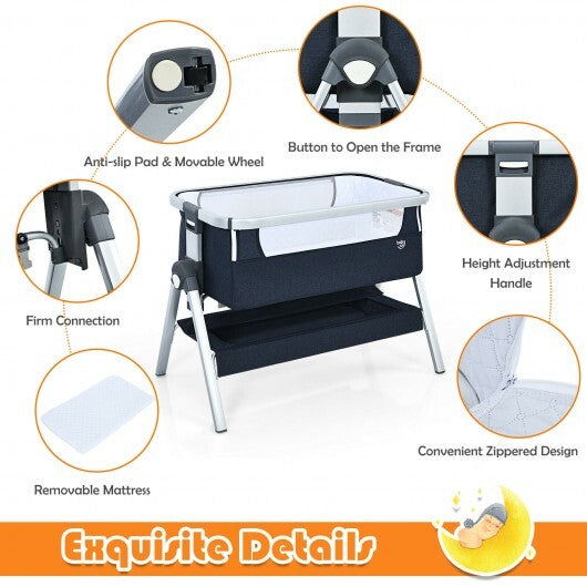 Baby Bassinet Bedside Sleeper with Storage Basket and Wheel for Newborn-Navy - Color: Navy - Minihomy