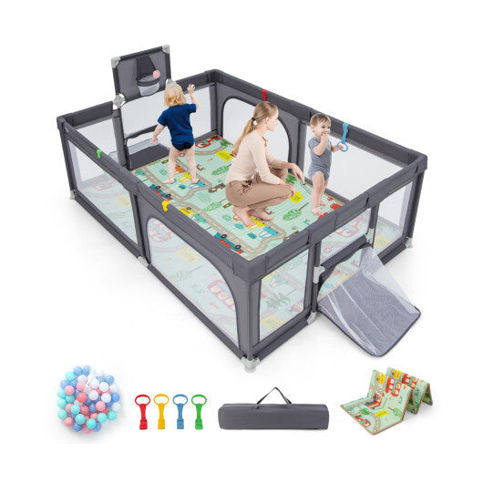 Large Baby Playpen with Mat and Ocean Balls-Dark gray - Color: Dark Gray - Minihomy