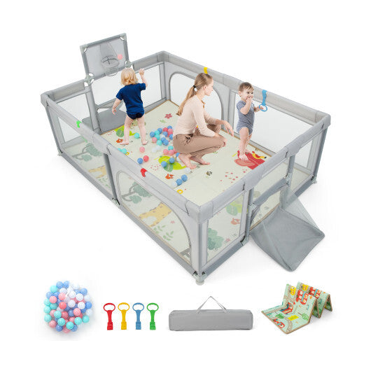 Large Baby Playpen with Mat and Ocean Balls-Light gray - Color: Light Gray - Minihomy